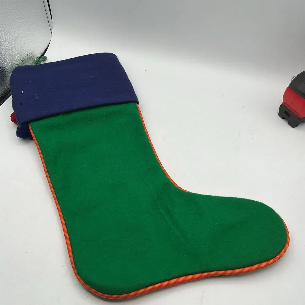 Crate & Barrel Buttons Christmas Stocking Pom Pom Wool Felt 18” Retired